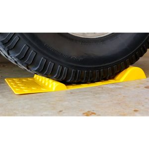 Camco Parking Stop, Accupark, Floor Mount Mat, Yellow, ABS Plastic, Mounts with Adhesive Strips, 2 Bumps for Increased Parking Accuracy – 42891