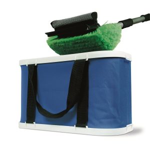 Camco Bucket, 5 Gallon, Durable Watertight Fabric, With Fabric Handles, Without Lid, Blue with Black Trim, Collapsible to 2-3/4 Inch Height – 42973