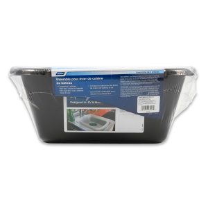 Camco Dish Pan, With Dish Pan/ Dish Drainer with Tray and Sink Mat, Black, Plastic, With English/ French Language Packaging – 43518