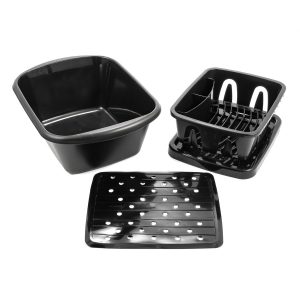 Camco Dish Pan, With Dish Pan/ Dish Drainer with Tray and Sink Mat, Black, Plastic, With English/ French Language Packaging – 43518