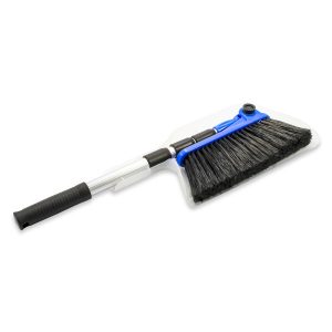 Camco Broom, Adjustable Angle Head, Telescoping 24 Inch to 52 Inch Length Handle, Soft Bristled Head, Aluminum Handle, With Dustpan – 43623