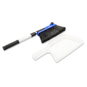 Camco Broom, Adjustable Angle Head, Telescoping 24 Inch to 52 Inch Length Handle, Soft Bristled Head, Aluminum Handle, With Dustpan – 43623