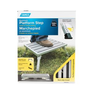 Camco Step Stool, One Step, With Foldable Legs, 19 Inch Width × 14-1?2 Inch Length Platform with 7 to 8-1/2 Inch Height Adjustable Legs – 43676