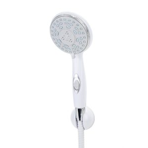 Camco Shower Head, Hand Held with 60 Inch Hose, With 5 Available Spray Settings, With on/ Off Valve, Fits Standard 1/2 Inch Shower Arm, White – 43714