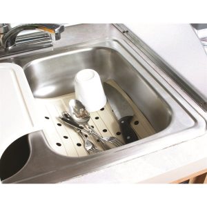 Camco Sink Protector, 10 Inch Width X 11-3/4 Inch Length, Solid with Drain Holes, White, Vinyl, With English/ French Language Packaging – 43720