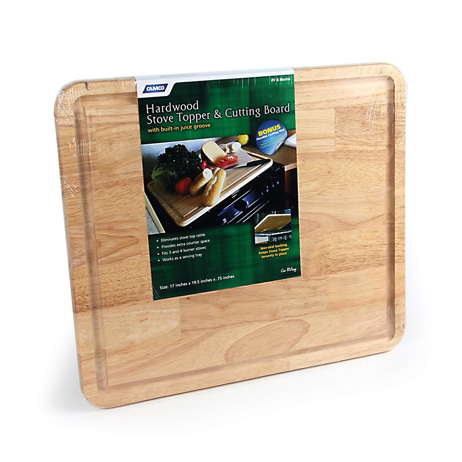 Camco Cutting Board, Stove Topper with Non-Skid Backing, Natural, Hardwood, With Additional Flexible Cutting Board – 43753