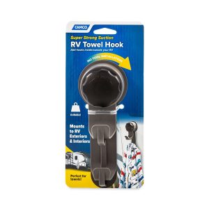 Camco Multi Purpose Hook, Twist-Turn Mechanical Suction Cup Design, Use to Hang Towels/ Clothes, Gray Double Hook/ Black Knob – 44028