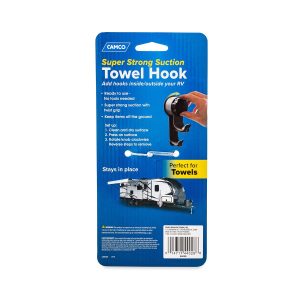 Camco Multi Purpose Hook, Twist-Turn Mechanical Suction Cup Design, Use to Hang Towels/ Clothes, Gray Double Hook/ Black Knob – 44028