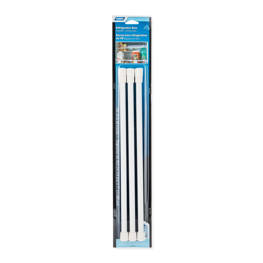 Camco Refrigerator Content Brace, Spring Loaded Bar Style, Bar Extends from 16 Inch Length to 28 Inch Length, White Plastic, Set of 3 – 44053