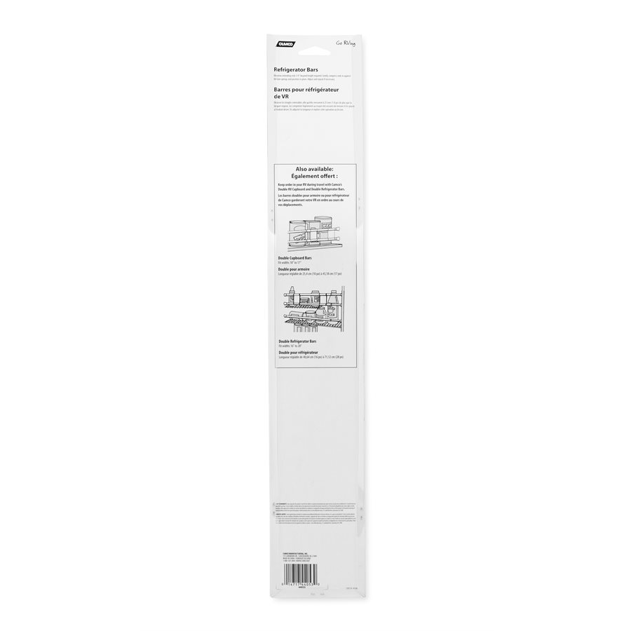 Camco Refrigerator Content Brace, Spring Loaded Bar Style, Bar Extends from 16 Inch Length to 28 Inch Length, White Plastic, Set of 3 – 44053
