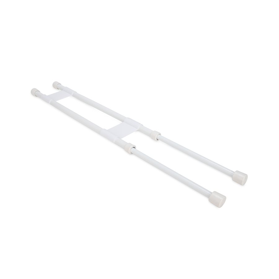 Camco Refrigerator Content Brace, Spring Loaded Bar Style, Bar Extends from 16 Inch Length to 28 Inch Length, White Plastic, Double Bar – 44073