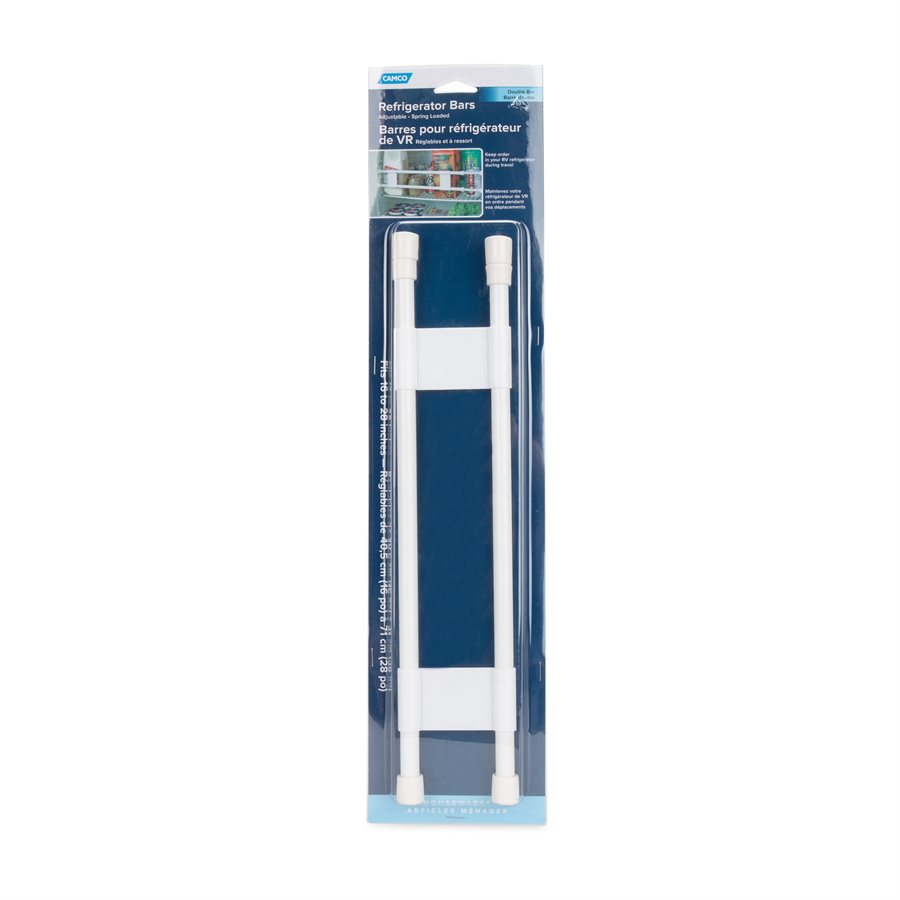 Camco Refrigerator Content Brace, Spring Loaded Bar Style, Bar Extends from 16 Inch Length to 28 Inch Length, White Plastic, Double Bar – 44073