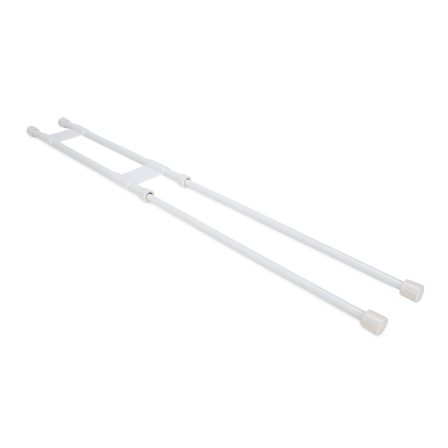 Camco Refrigerator Content Brace, Spring Loaded Bar Style, Bar Extends from 16 Inch Length to 28 Inch Length, White Plastic, Double Bar – 44073