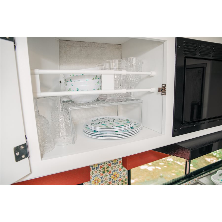 Camco Refrigerator Content Brace, Spring Loaded Bar Style, Bar Extends from 19 Inch Length to 34 Inch Length, White Plastic, Double Bar – 44074