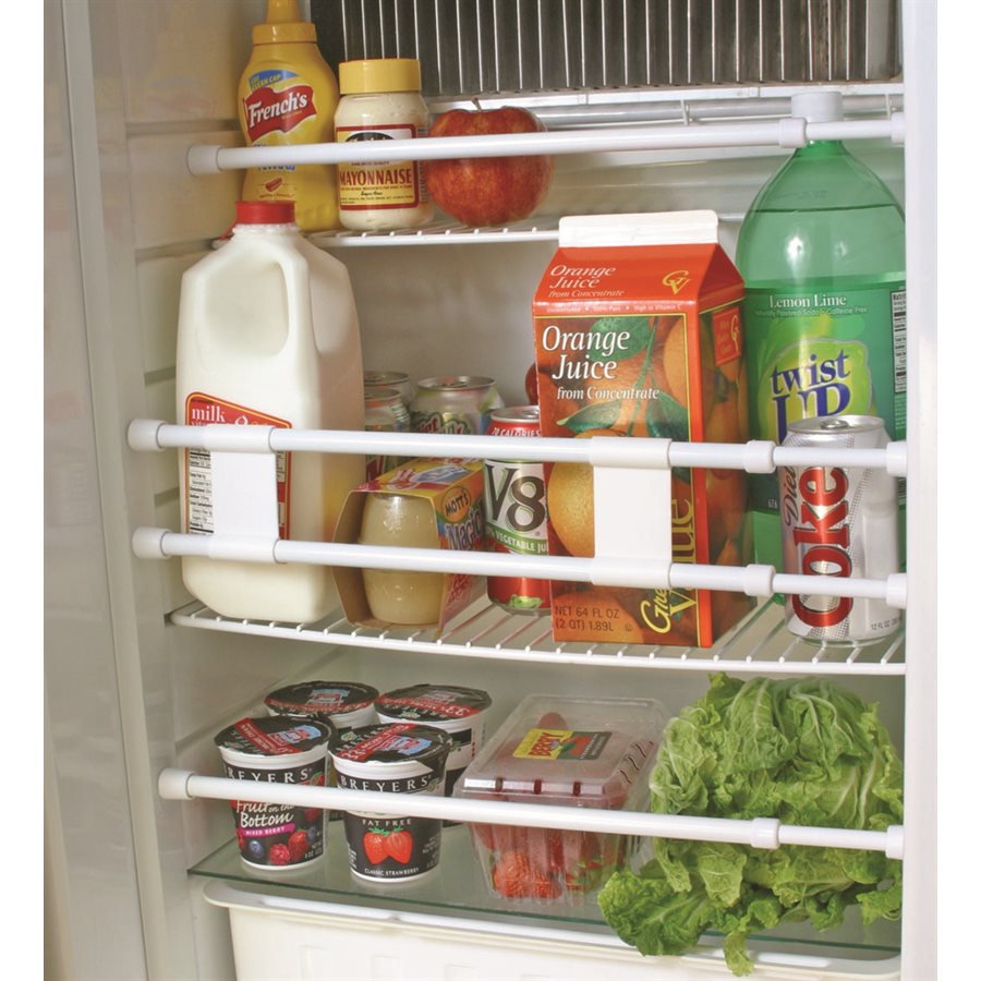 Camco Refrigerator Content Brace, Spring Loaded Bar Style, Bar Extends from 19 Inch Length to 34 Inch Length, White Plastic, Double Bar – 44074