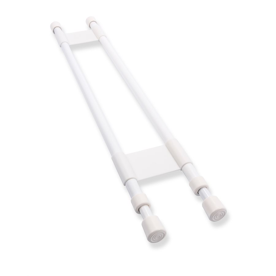 Camco Refrigerator Content Brace, Spring Loaded Bar Style, Bar Extends from 19 Inch Length to 34 Inch Length, White Plastic, Double Bar – 44074