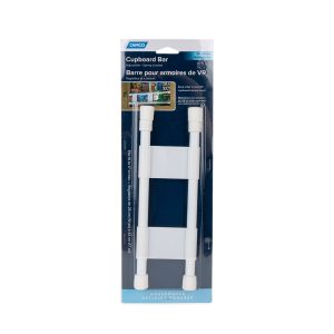 Camco Cabinet Content Brace, Spring Loaded Bar Style, Double Bar, Bar Extends from 10 Inch Length to 17 Inch Length, White Plastic, Single – 44093