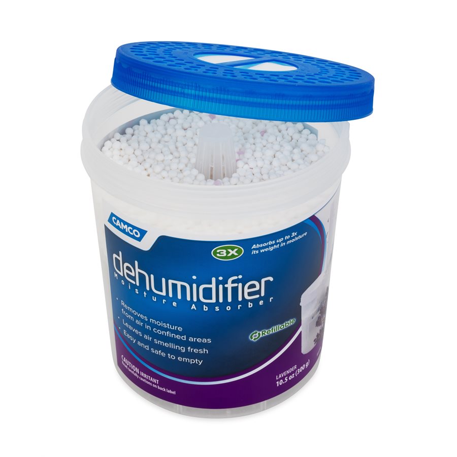 Camco Dehumidifier, Granules IN Bucket, 10-1/2 Ounce, Refillable, Lavender Scent, With English/ French Language Packaging – 44280