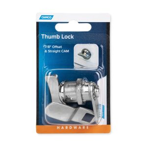Camco Lock Cylinder, For Baggage Compartment Doors, Thumb Operated Cam Lock, 7/8 Inch Length, Single, With 1 Offset Cam and 1 Straight Cam – 44323