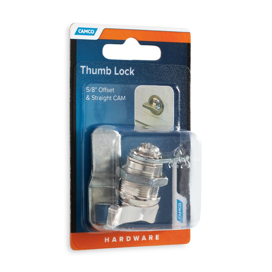 Camco Lock Cylinder, For Baggage Compartment Doors, Thumb Operated Cam Lock, 5/8 Inch Length, Single, With 1 Offset Cam and 1 Straight Cam – 44333