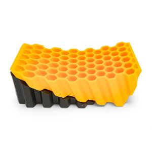 Camco Wheel Chock, Yellow and Gray, Honeycomb Design, For Use with Trailers Up to 30000 Pounds, With 1 Curved Leveler and 1 Wheel Chock – 44423