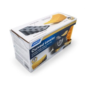 Camco Wheel Chock, Yellow and Gray, Honeycomb Design, For Use with Trailers Up to 30000 Pounds, With 1 Curved Leveler and 1 Wheel Chock – 44423