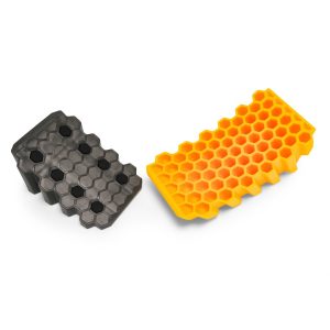 Camco Wheel Chock, Yellow and Gray, Honeycomb Design, For Use with Trailers Up to 30000 Pounds, With 1 Curved Leveler and 1 Wheel Chock – 44423