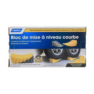 Camco Wheel Chock, Yellow and Gray, Honeycomb Design, For Use with Trailers Up to 30000 Pounds, With 1 Curved Leveler and 1 Wheel Chock – 44423