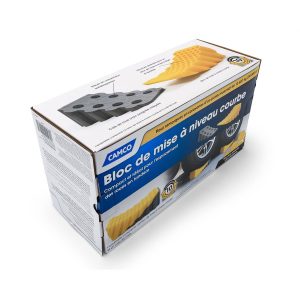 Camco Wheel Chock, Yellow and Gray, Honeycomb Design, For Use with Trailers Up to 30000 Pounds, With 1 Curved Leveler and 1 Wheel Chock – 44423