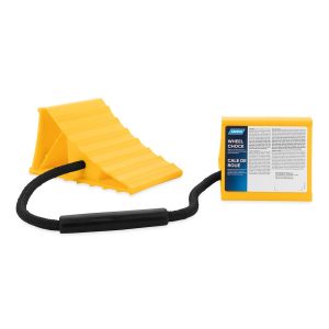 Camco Wheel Chock, Yellow, With Rope and Handle, Hard Plastic, Double, Fits Tires Up to 26 Inch Diameter – 44470