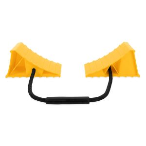 Camco Wheel Chock, Yellow, With Rope and Handle, Hard Plastic, Double, Fits Tires Up to 26 Inch Diameter – 44470