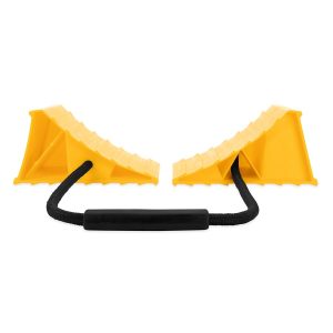 Camco Wheel Chock, Yellow, With Rope and Handle, Hard Plastic, Double, Fits Tires Up to 26 Inch Diameter – 44470