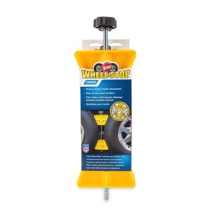 Camco Wheel Chock, For Use with Tandem Tires, 26-30 Inch Diameter Tires, Spacing of 1-1/2 to 3-1/2 Inches, Yellow, Hard Plastic, Single – 44652