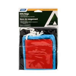Camco Gear Bag, Drawstring Bag, 3 Sizes, 6 X 12-1/2 Inch/ 5 X 11 Inch/ 4-1/4 X 9 Inch, Drawstring Closure, Red/ Blue/ Black, Nylon – 51009