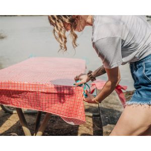 Camco Tablecloth, Rectangular, 54 Inch X 84 Inch, Red and White Checkered, Vinyl, With Bench Covers, With English/ French Language Packaging – 51021