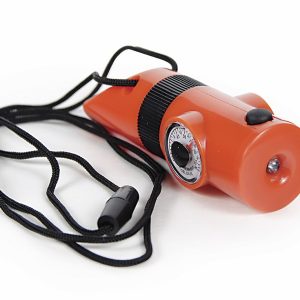 Camco Whistle, Survival Whistle, Orange, Plastic, With Whistle/ Magnifier/ Compass/ Ultra Bright LED/ Signal Mirror/ Thermometer and Lanyard – 51364
