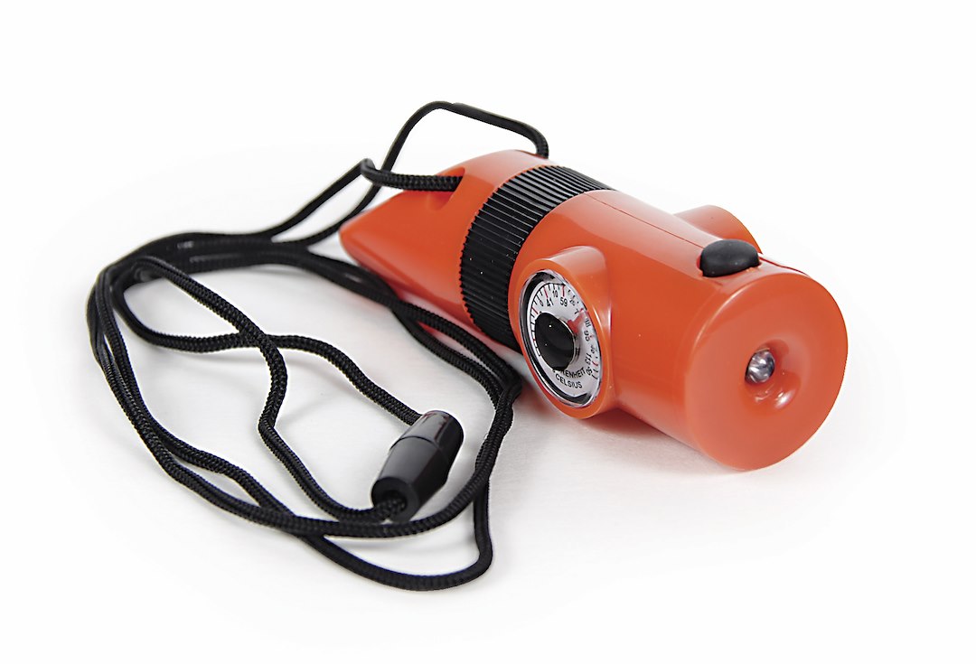 Camco Whistle, Survival Whistle, Orange, Plastic, With Whistle/ Magnifier/ Compass/ Ultra Bright LED/ Signal Mirror/ Thermometer and Lanyard – 51364