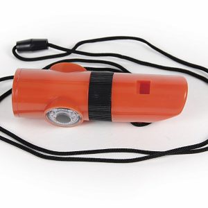 Camco Whistle, Survival Whistle, Orange, Plastic, With Whistle/ Magnifier/ Compass/ Ultra Bright LED/ Signal Mirror/ Thermometer and Lanyard – 51364