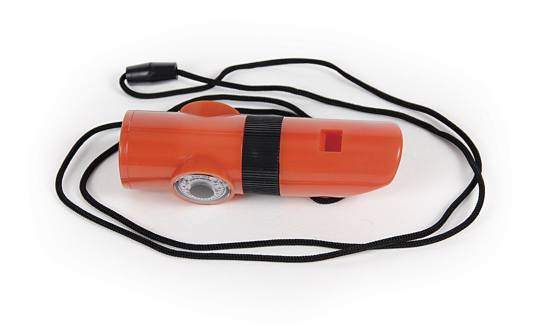 Camco Whistle, Survival Whistle, Orange, Plastic, With Whistle/ Magnifier/ Compass/ Ultra Bright LED/ Signal Mirror/ Thermometer and Lanyard – 51364