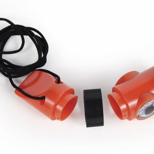 Camco Whistle, Survival Whistle, Orange, Plastic, With Whistle/ Magnifier/ Compass/ Ultra Bright LED/ Signal Mirror/ Thermometer and Lanyard – 51364