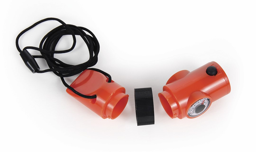 Camco Whistle, Survival Whistle, Orange, Plastic, With Whistle/ Magnifier/ Compass/ Ultra Bright LED/ Signal Mirror/ Thermometer and Lanyard – 51364