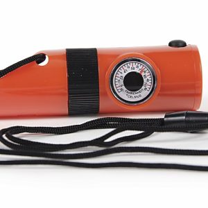 Camco Whistle, Survival Whistle, Orange, Plastic, With Whistle/ Magnifier/ Compass/ Ultra Bright LED/ Signal Mirror/ Thermometer and Lanyard – 51364