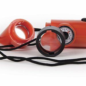 Camco Whistle, Survival Whistle, Orange, Plastic, With Whistle/ Magnifier/ Compass/ Ultra Bright LED/ Signal Mirror/ Thermometer and Lanyard – 51364