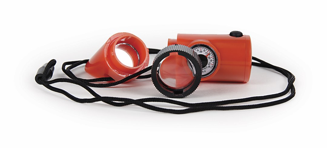 Camco Whistle, Survival Whistle, Orange, Plastic, With Whistle/ Magnifier/ Compass/ Ultra Bright LED/ Signal Mirror/ Thermometer and Lanyard – 51364