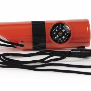 Camco Whistle, Survival Whistle, Orange, Plastic, With Whistle/ Magnifier/ Compass/ Ultra Bright LED/ Signal Mirror/ Thermometer and Lanyard – 51364