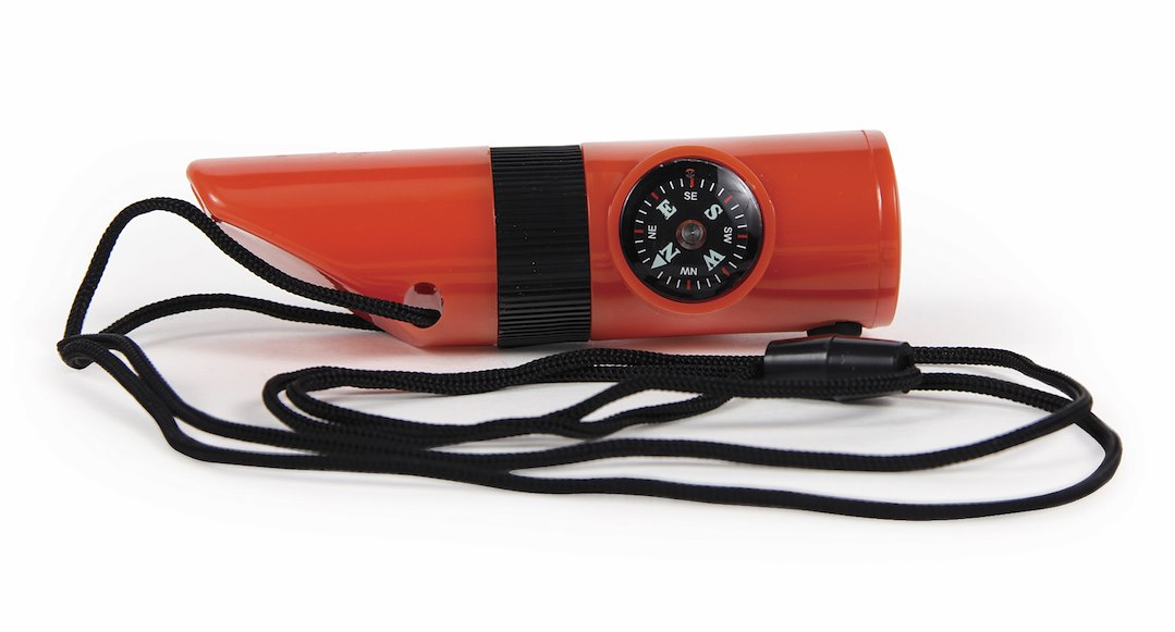 Camco Whistle, Survival Whistle, Orange, Plastic, With Whistle/ Magnifier/ Compass/ Ultra Bright LED/ Signal Mirror/ Thermometer and Lanyard – 51364