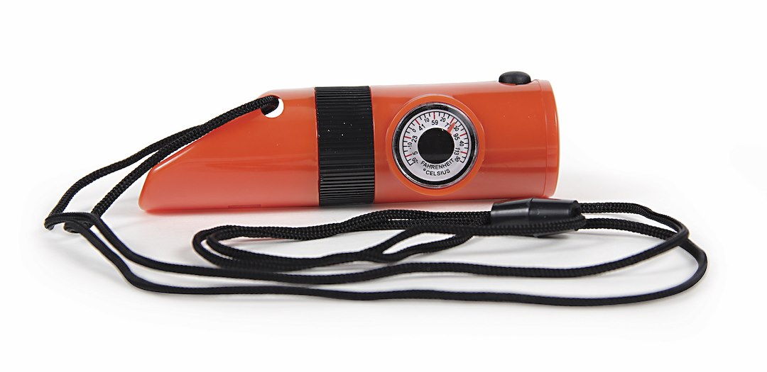 Camco Whistle, Survival Whistle, Orange, Plastic, With Whistle/ Magnifier/ Compass/ Ultra Bright LED/ Signal Mirror/ Thermometer and Lanyard – 51364