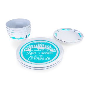 Camco Dish Set, Life Is Better at the Campsite ™, 12 Piece Set, Tree and Truck Design, White with Blue, Bpa Free Melamine – 53294