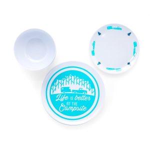 Camco Dish Set, Life Is Better at the Campsite ™, 12 Piece Set, Tree and Truck Design, White with Blue, Bpa Free Melamine – 53294