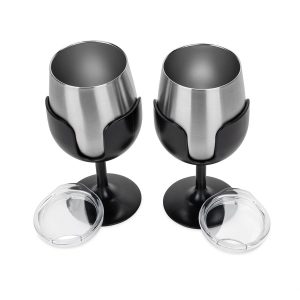 Camco Drinking Glass, Life Is Better at the Campsite ™, Wine Glass, 18/ 8 Grade Stainless Steel with Bpa Free Lid, With 2 Black Removable Stem – 53485